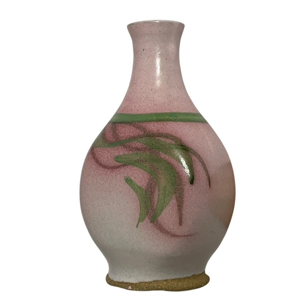 Dermot Rooney Studio Pottery Pink Floral Bud Vase Green Leaves Signed